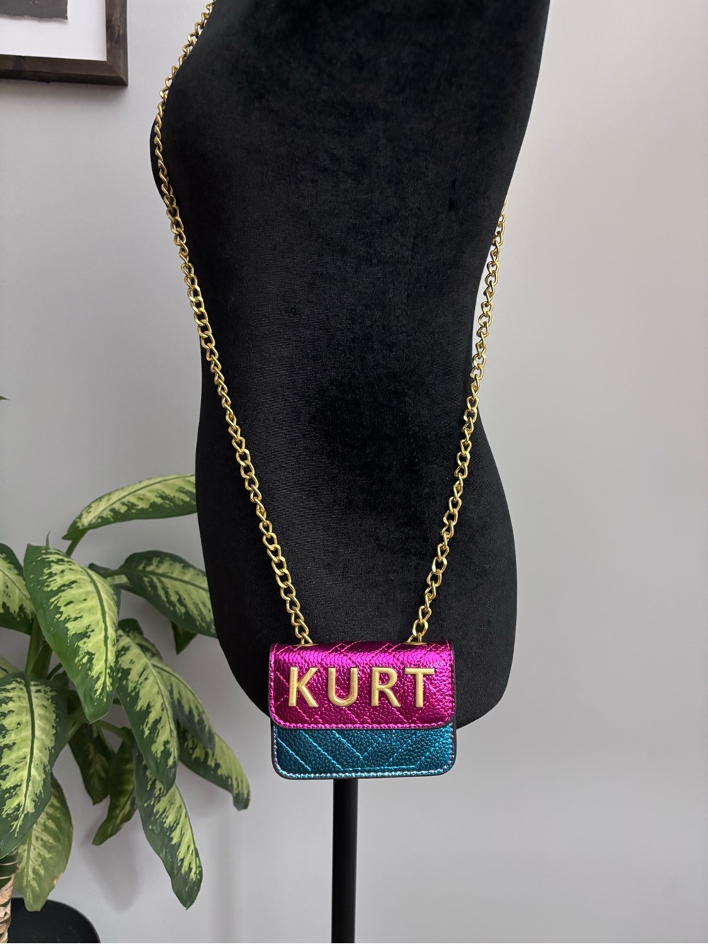 Kurt Geiger Metallic Pink & Teal Micro Chain Crossbody Bag